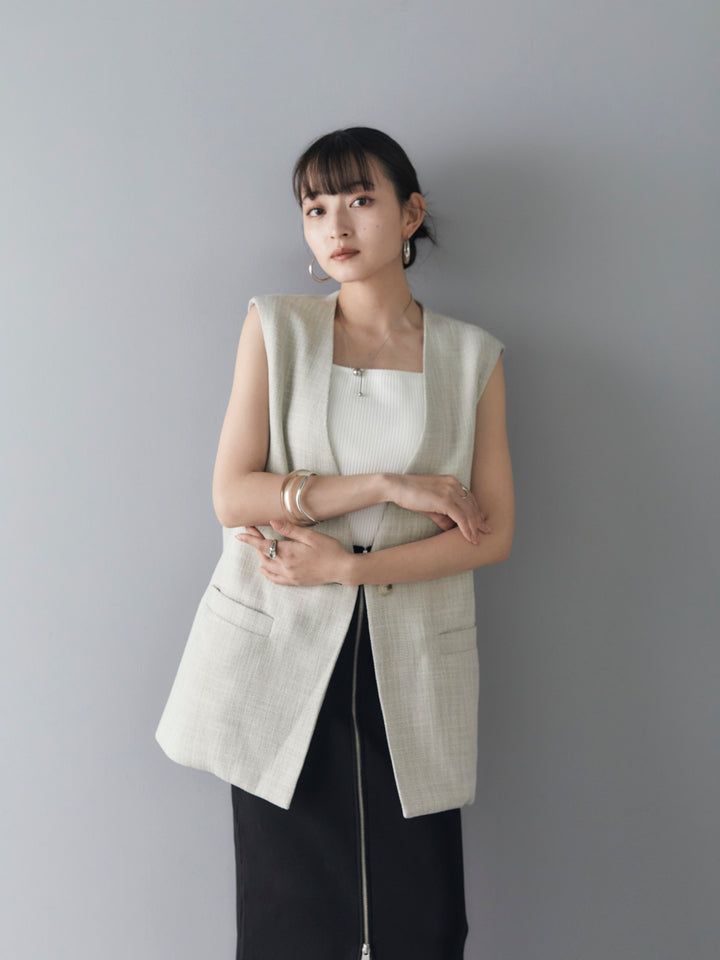 [SET] Linen touch no-collar gilet + telekorib bare camisole + front zip knit tight skirt (3 sets)