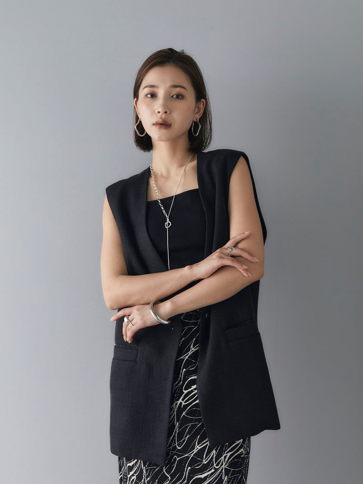 [SET] Linen touch no-collar gilet + Telekorib bare camisole + Pen touch I-line pleated skirt (3 sets)