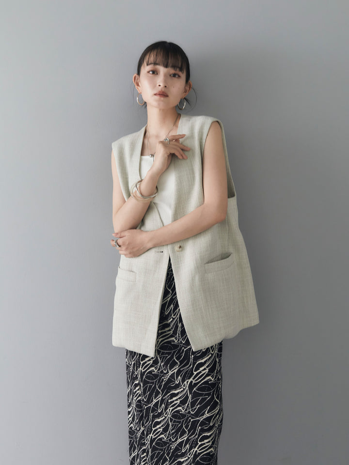 [SET] Linen touch no-collar gilet + Telekorib bare camisole + Pen touch I-line pleated skirt (3 sets)