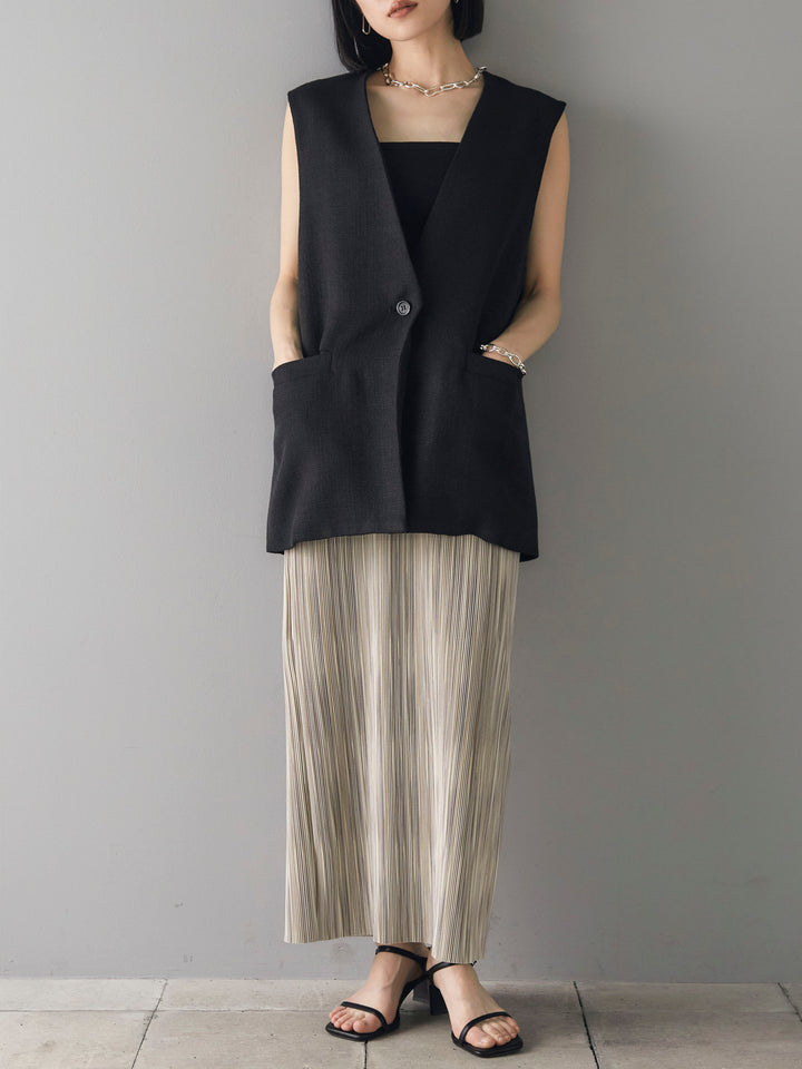 [SET] Linen touch no-collar gilet + telekorib bare camisole + multi-color I-line pleated skirt (3 sets)