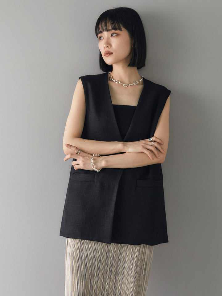 [SET] Linen touch no-collar gilet + telekorib bare camisole + multi-color I-line pleated skirt (3 sets)
