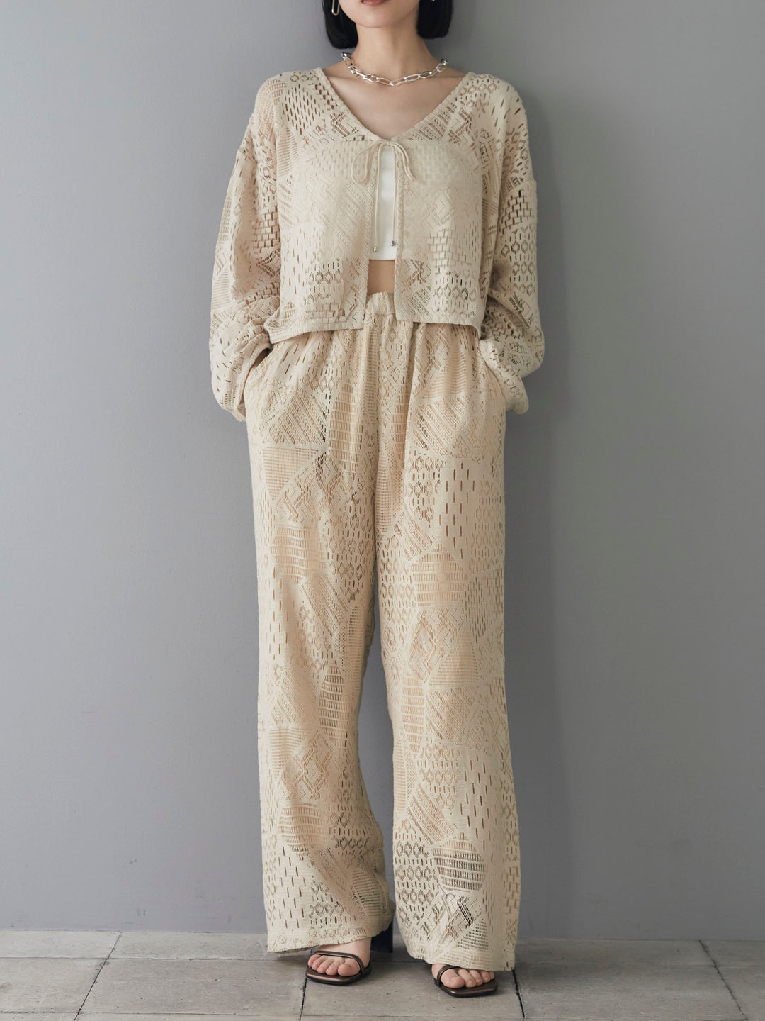 [SET] Cotton lace bolero + telekorib bare camisole + cotton lace wide pants (3 sets)