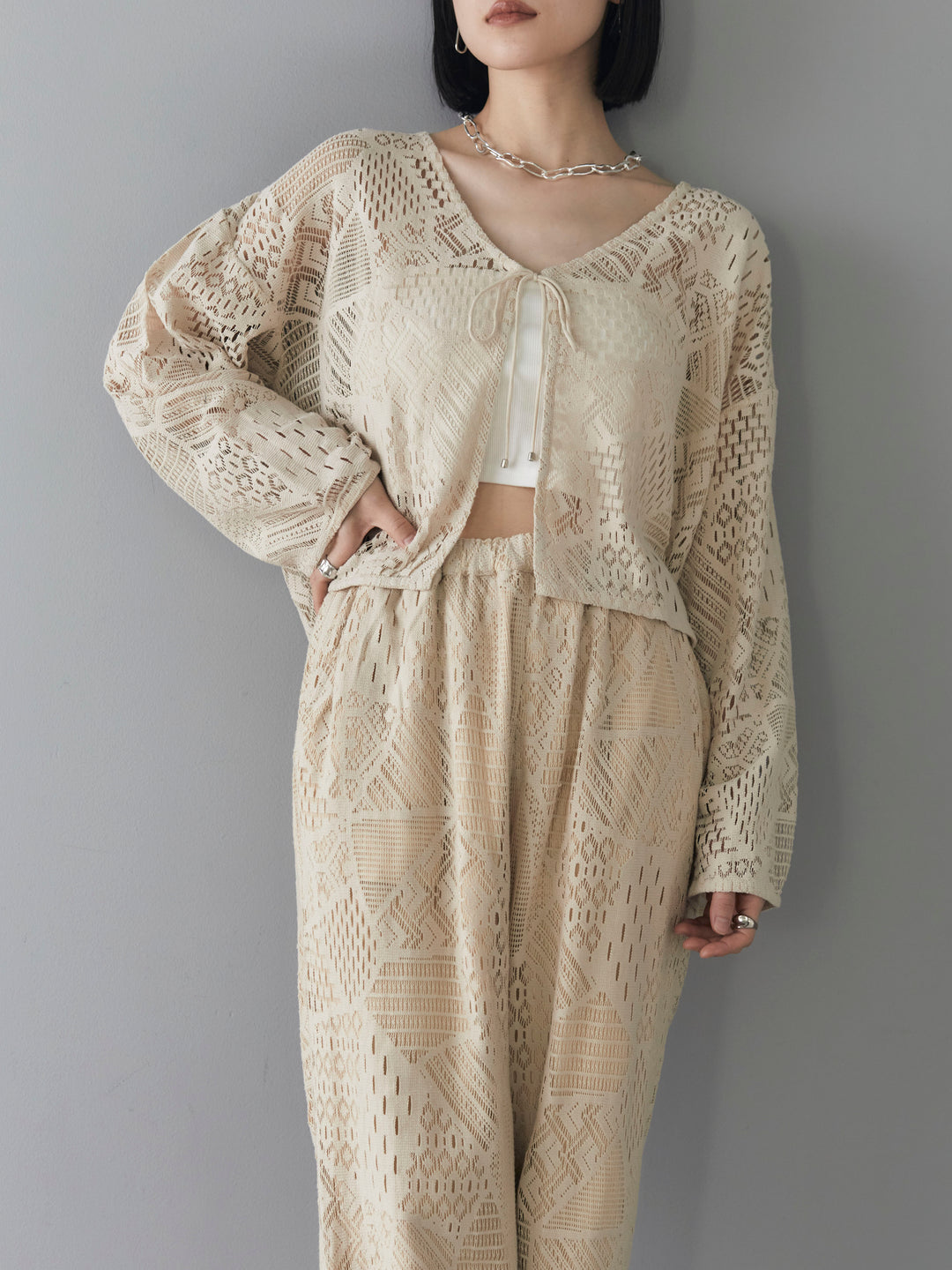 [SET] Cotton lace bolero + telekorib bare camisole + cotton lace wide pants (3 sets)