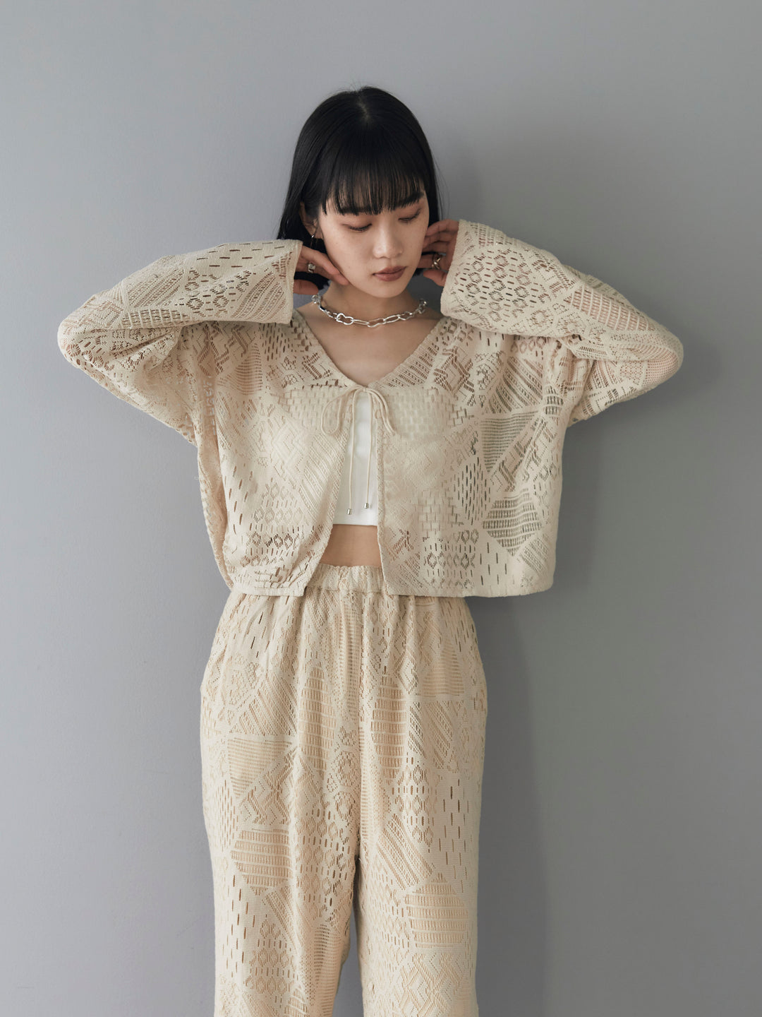 [SET] Cotton lace bolero + telekorib bare camisole + cotton lace wide pants (3 sets)