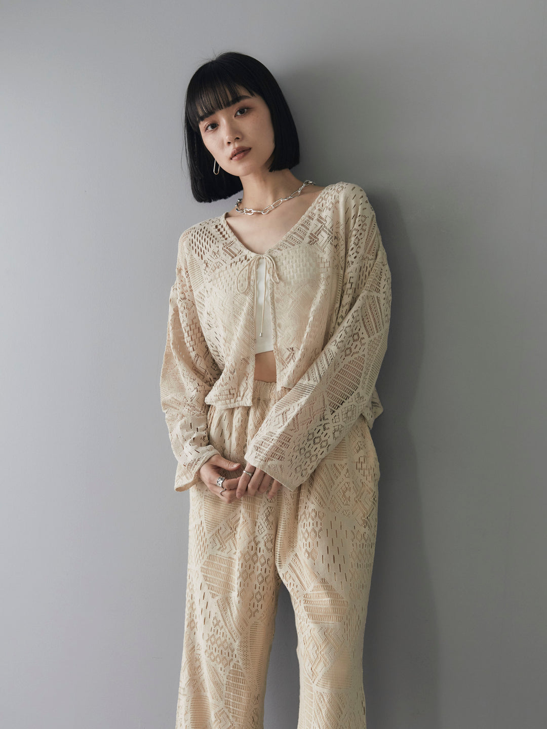 [SET] Cotton lace bolero + telekorib bare camisole + cotton lace wide pants (3 sets)