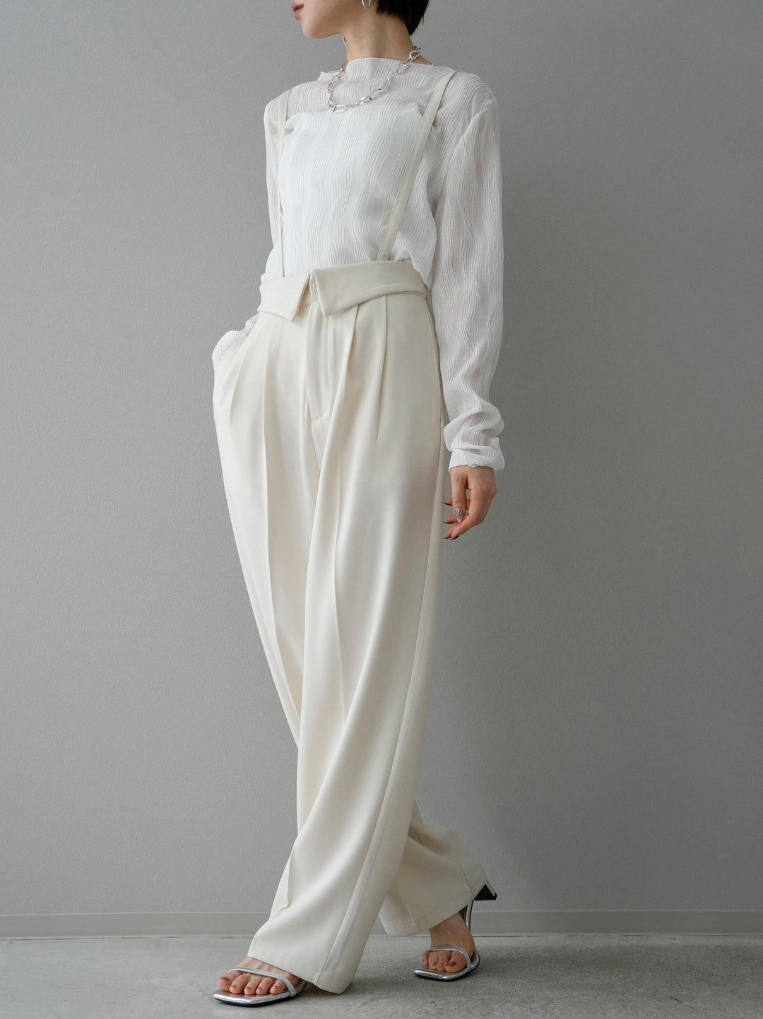 [SET] Willow wave sheer top + suspender 2-way design belt wide pants (2 sets)