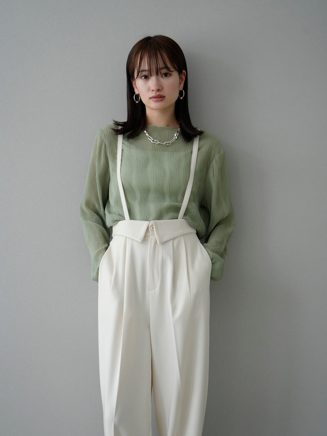 [SET] Yoryu 波浪透明上衣 + 吊帶 2WAY 設計腰帶寬褲 (2set)