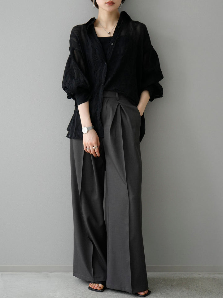 [SET] Willow Wave Overshirt + Double Strap Cut Rib Bra Camisole + Design Tuck Wide Pants (3set)