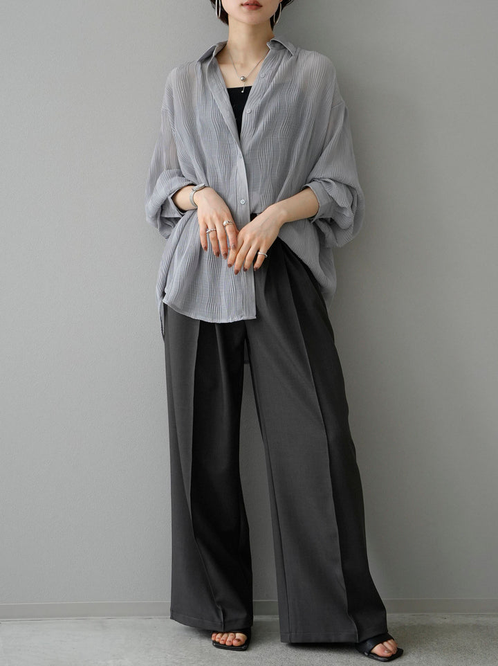 [SET] Willow Wave Overshirt + Double Strap Cut Rib Bra Camisole + Design Tuck Wide Pants (3set)