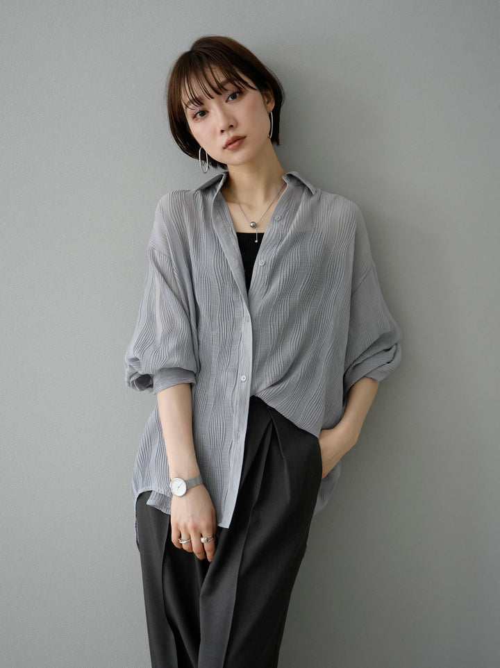 [SET] Willow Wave Overshirt + Double Strap Cut Rib Bra Camisole + Design Tuck Wide Pants (3set)