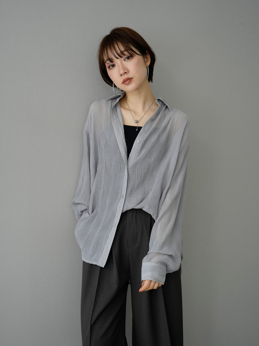 [SET] Willow Wave Overshirt + Double Strap Cut Rib Bra Camisole + Design Tuck Wide Pants (3set)