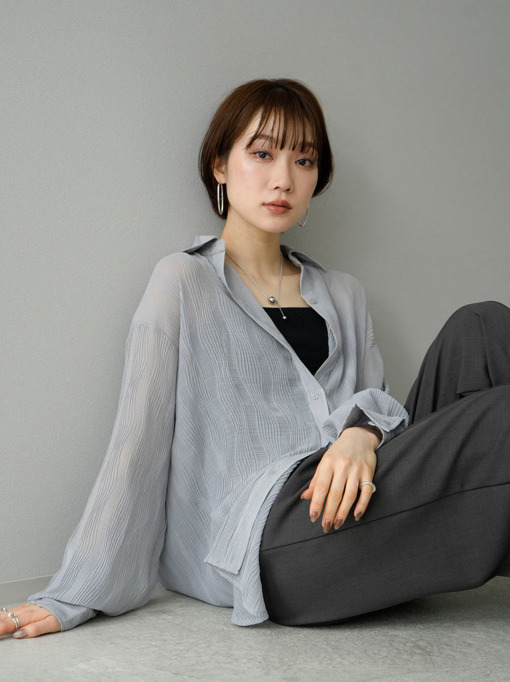 [SET] Willow Wave Overshirt + Double Strap Cut Rib Bra Camisole + Design Tuck Wide Pants (3set)