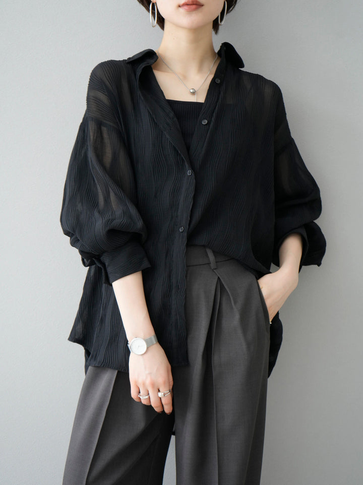 [SET] Willow Wave Overshirt + Double Strap Cut Rib Bra Camisole + Design Tuck Wide Pants (3set)