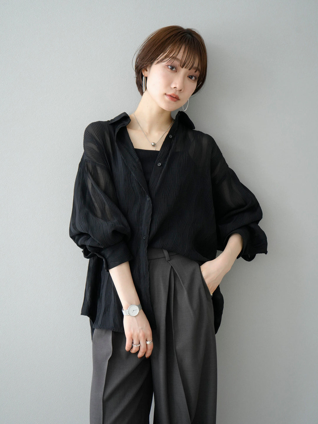 [SET] Willow Wave Overshirt + Double Strap Cut Rib Bra Camisole + Design Tuck Wide Pants (3set)