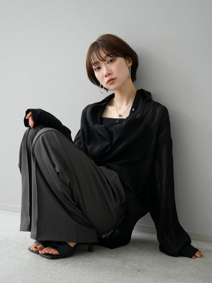 [SET] Willow Wave Overshirt + Double Strap Cut Rib Bra Camisole + Design Tuck Wide Pants (3set)