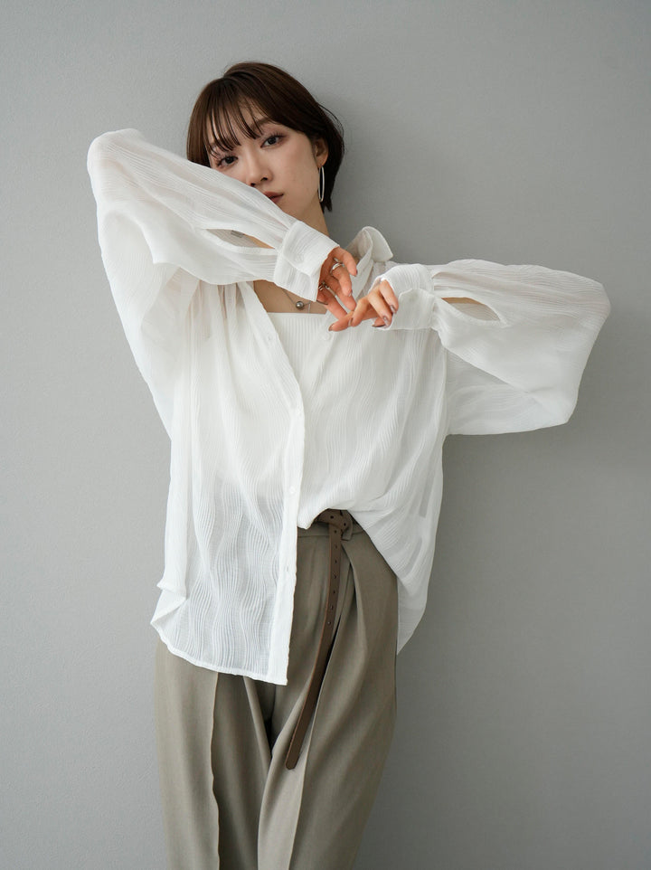 [SET] Willow Wave Overshirt + Double Strap Cut Rib Bra Camisole + Design Tuck Wide Pants (3set)