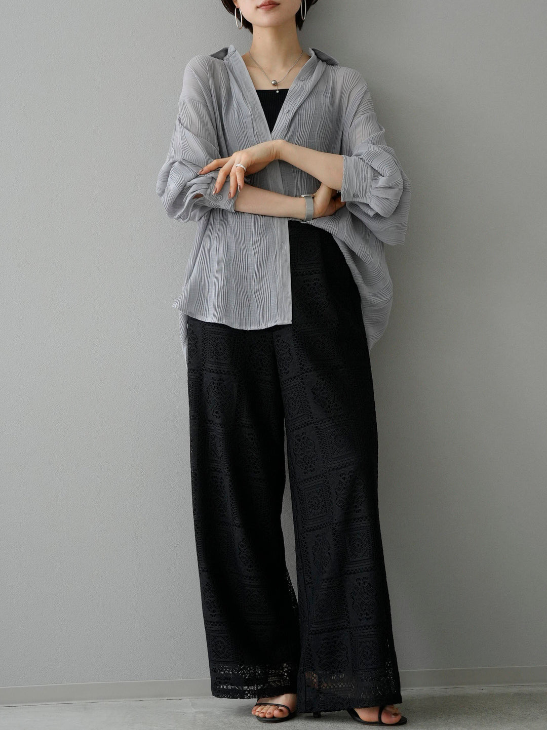 [SET] Willow Wave Overshirt + Double Strap Cut Rib Bra Camisole + Block Lace Wide Pants (3set)