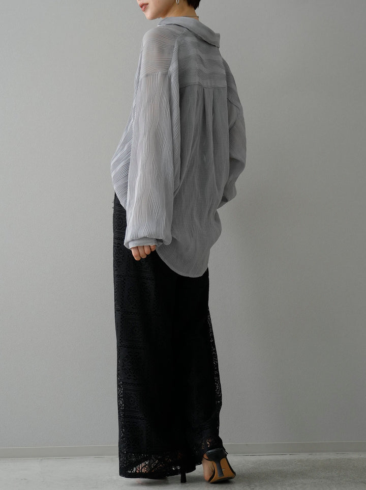 【套裝】楊柳波浪上衣+雙肩帶剪裁羅紋胸罩吊帶背心+塊蕾絲寬褲（3件套）