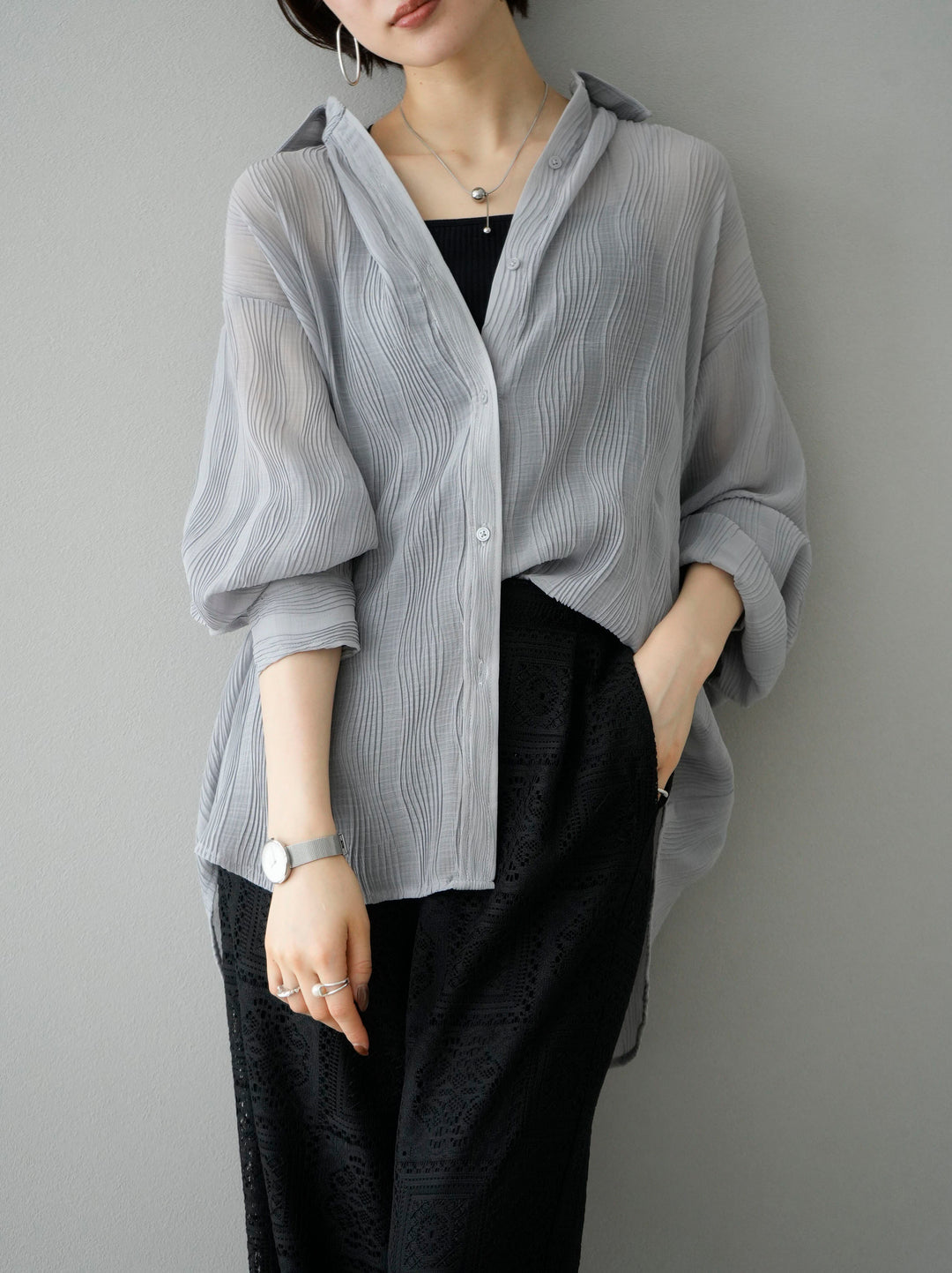 [SET] Willow Wave Overshirt + Double Strap Cut Rib Bra Camisole + Block Lace Wide Pants (3set)