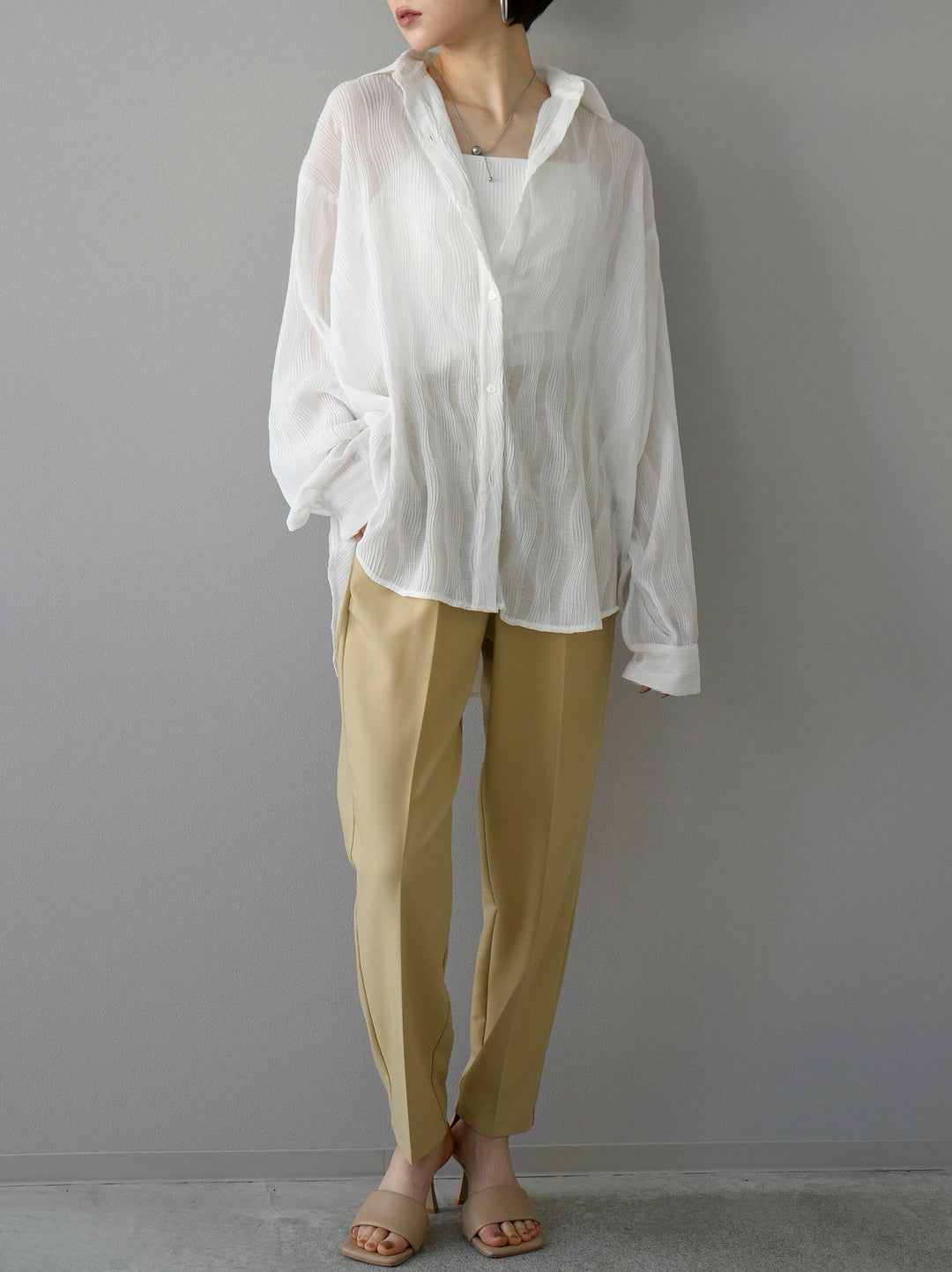 【套裝】楊柳波浪外套+雙肩帶羅紋胸罩吊帶背心+寬鬆錐形褲S（3件套）