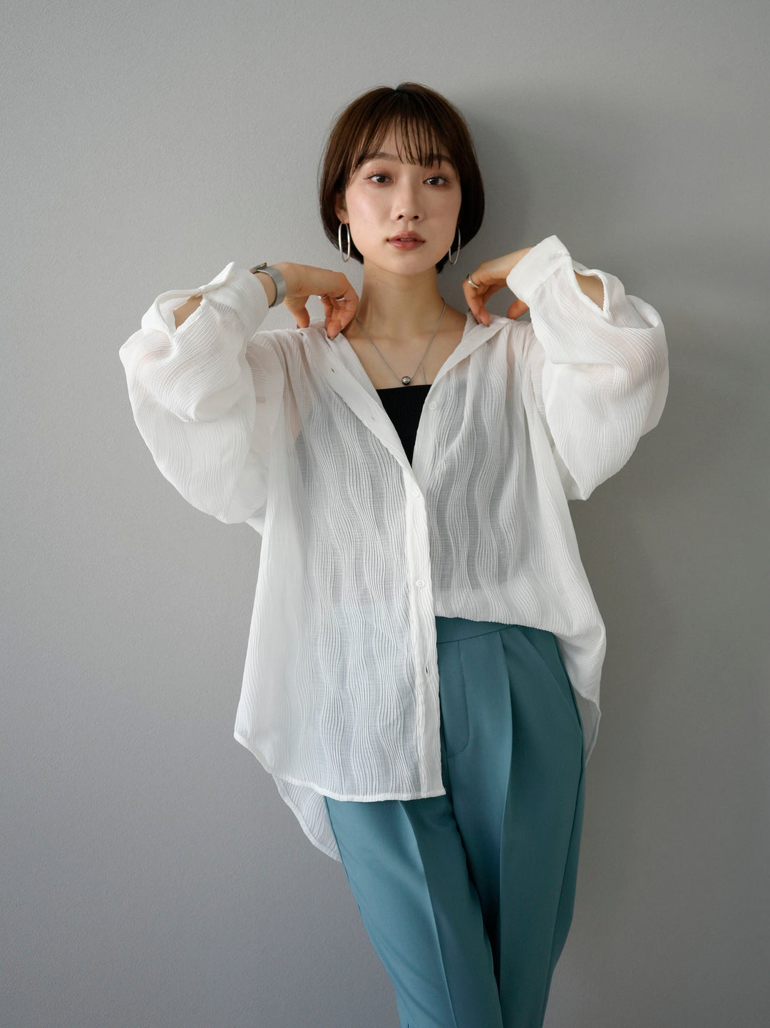 [SET] Willow Wave Overshirt + Double Strap Cut Rib Bra Camisole + Easy Tapered Pants M (3set)