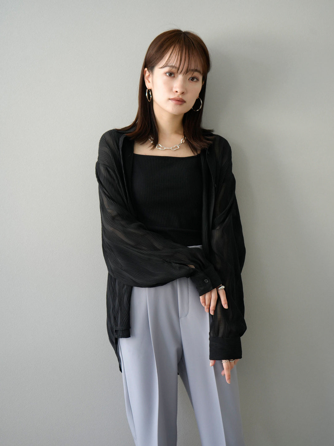 [SET] Willow Wave Overshirt + Double Strap Cut Rib Bra Camisole + Easy Tapered Pants M (3set)