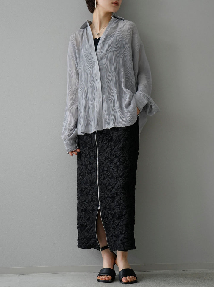 [SET]楊柳ウェーブオーバーシャツ+ダブルストラップカットリブブラキャミソール+ダブルジップ膨れジャガードスカート(3set)