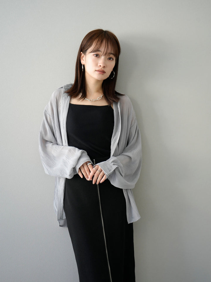 [SET] Willow Wave Overshirt + Double Strap Cut Rib Bra Camisole + Front Zip Knit Tight Skirt (3set)