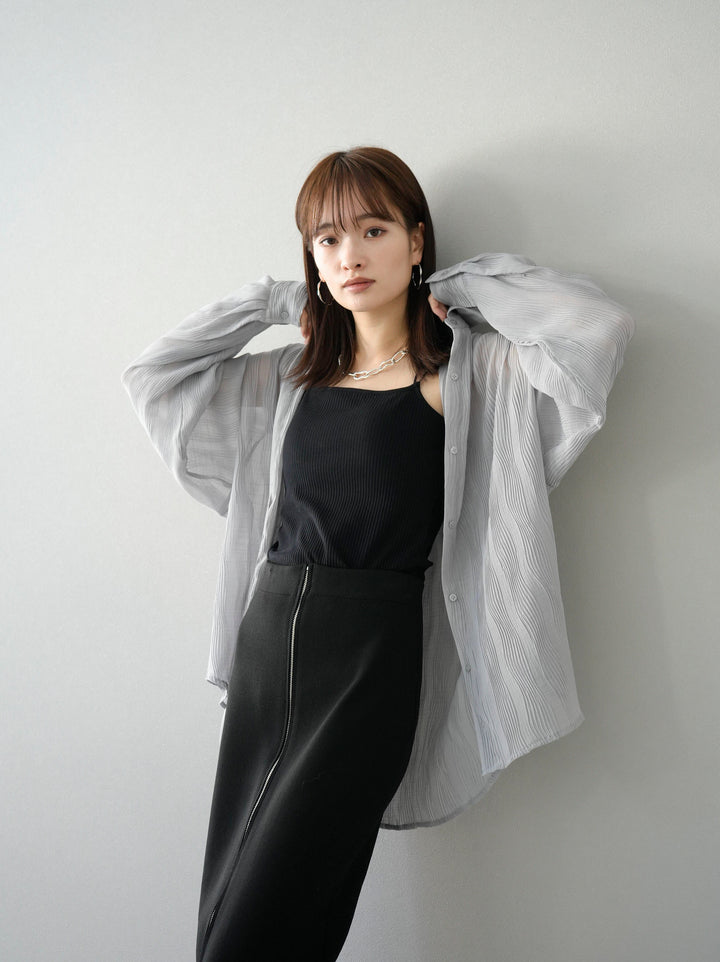 [SET] Willow Wave Overshirt + Double Strap Cut Rib Bra Camisole + Front Zip Knit Tight Skirt (3set)