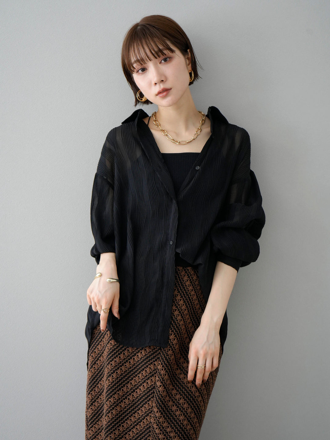 [SET] Willow Wave Overshirt + Double Strap Cut Rib Bra Camisole + Crochet Fringe I-line Skirt (3set)