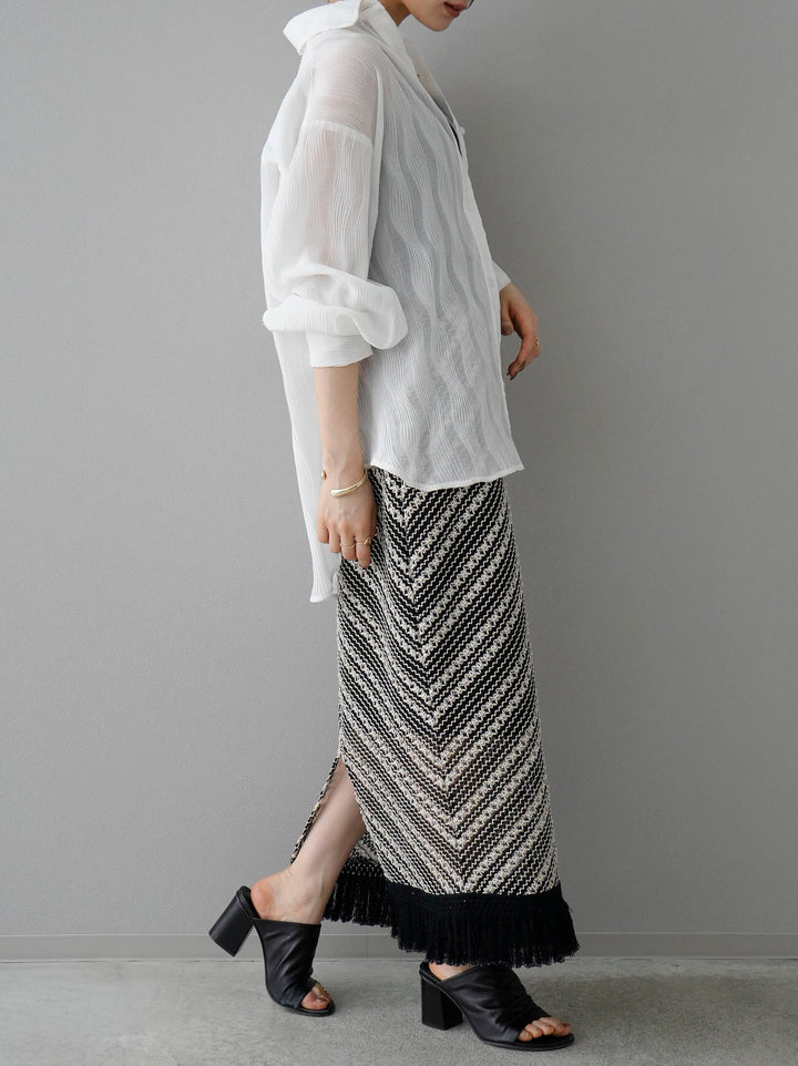 [SET] Willow Wave Overshirt + Double Strap Cut Rib Bra Camisole + Crochet Fringe I-line Skirt (3set)