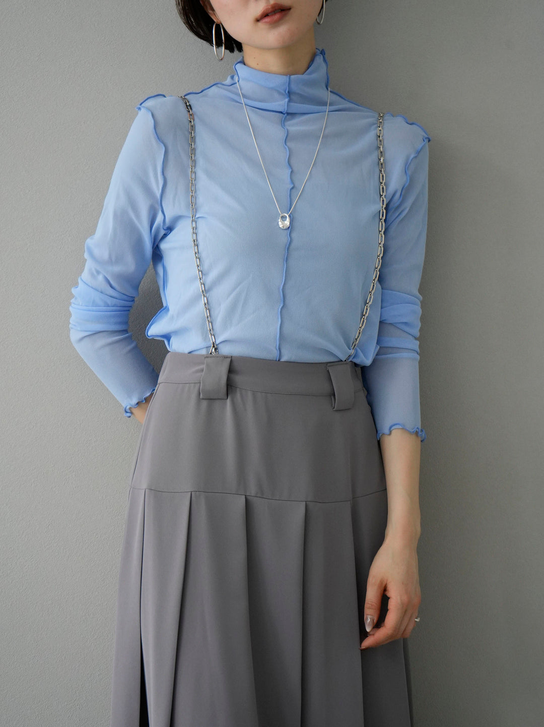 【SET】鏈條吊帶吊帶裙+圓潤設計透明上衣（2套）
