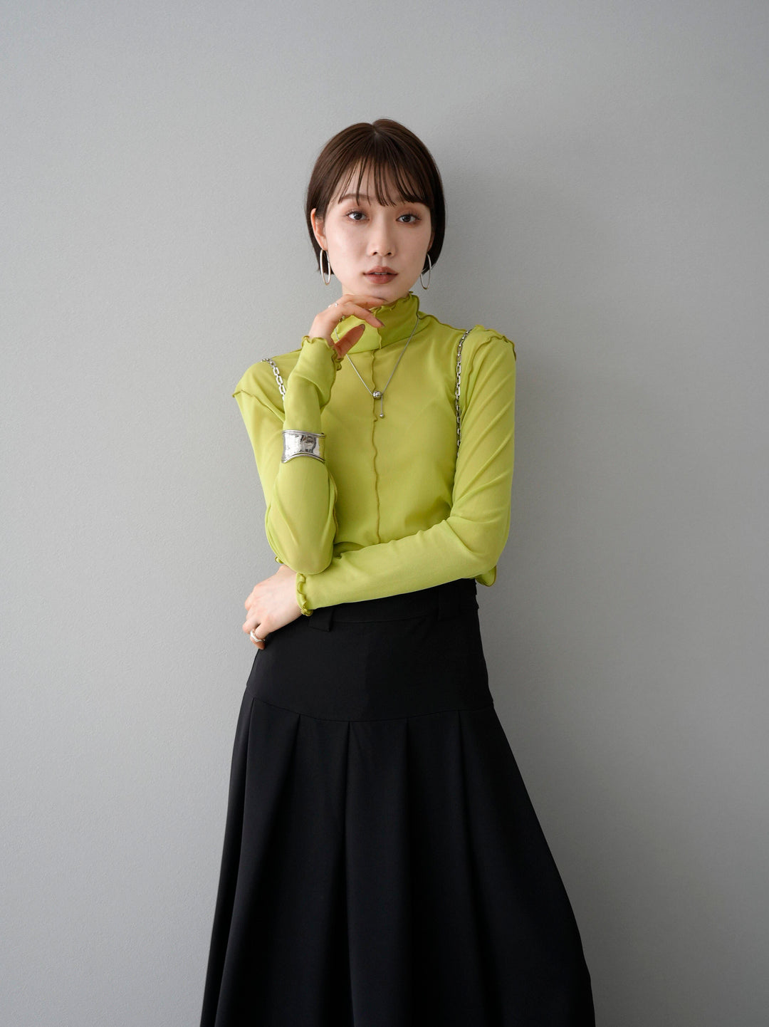[SET] Chain suspender tuck skirt + mellow design sheer top (2set)