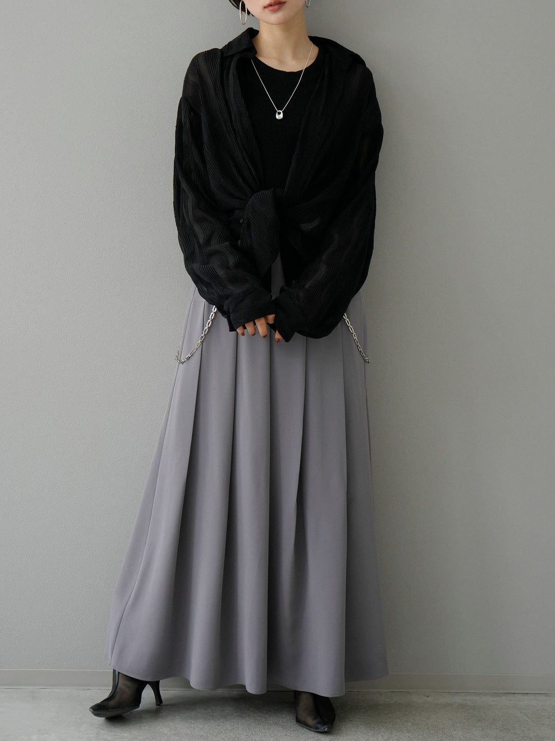 [SET] Chain suspender tuck skirt + cut rib American sliver tank top + willow wave overshirt (3 sets)