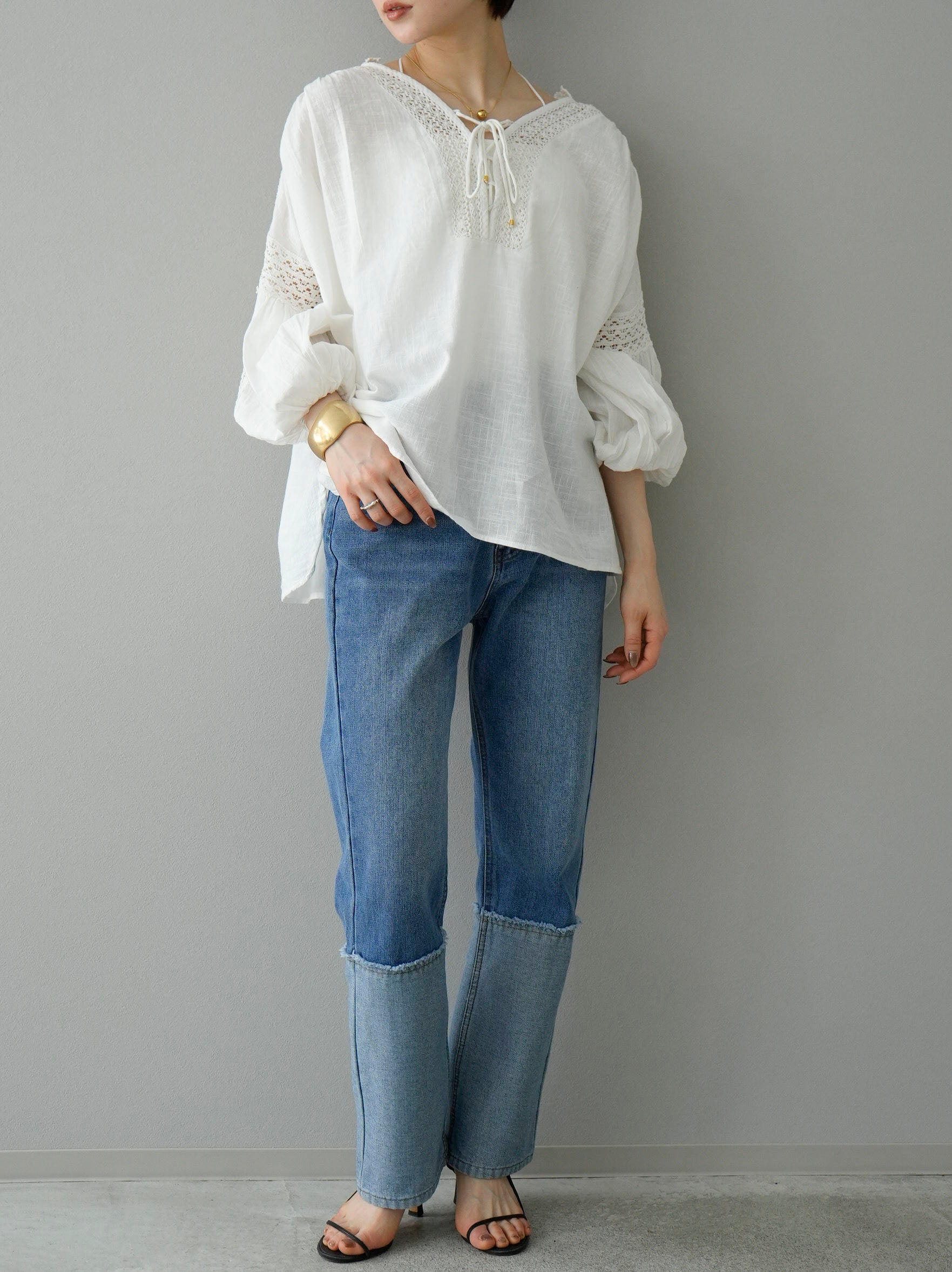 SET] Cotton lace blouse + fringe denim (2set) – Lumier