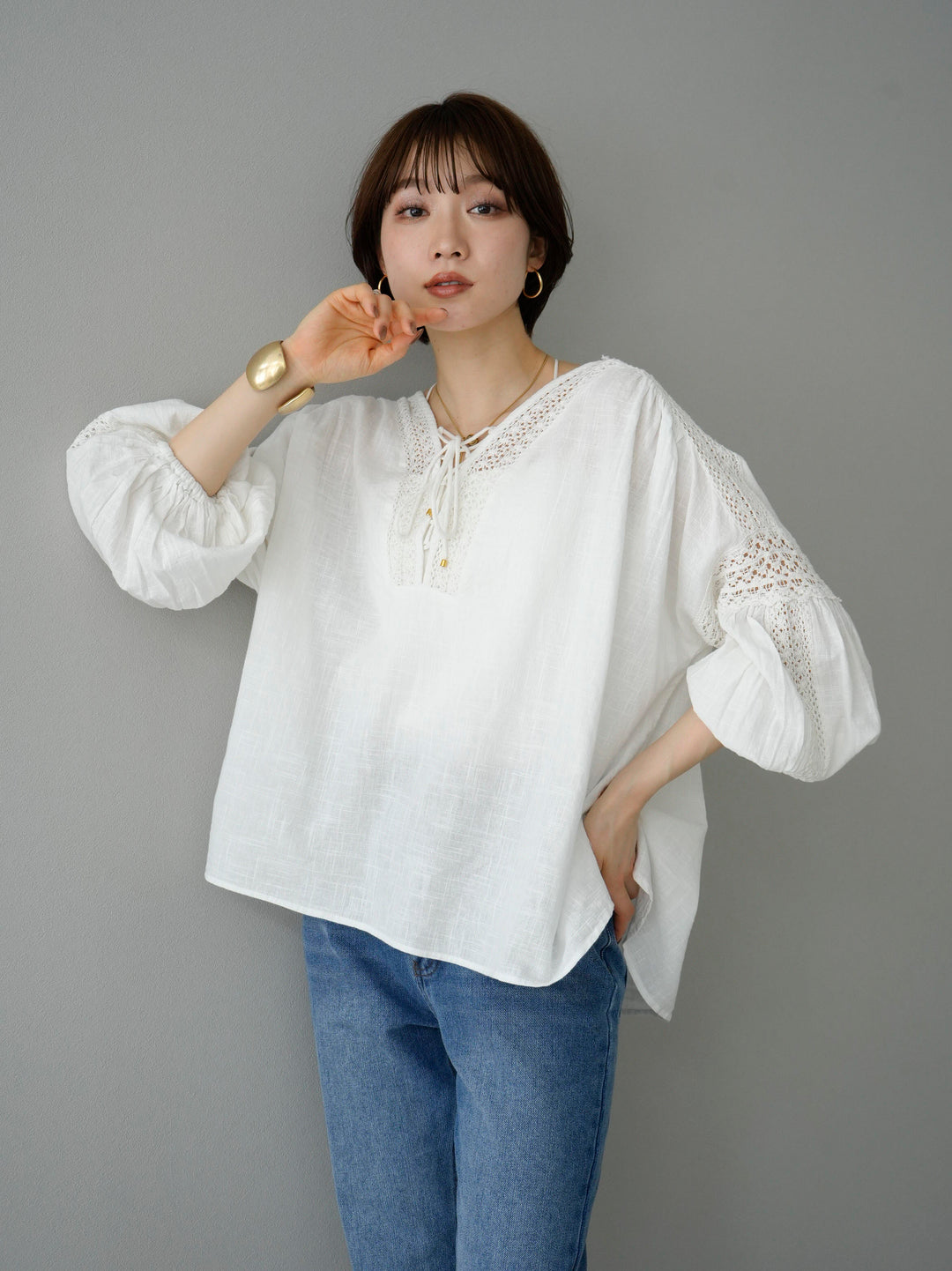 [SET] Cotton lace blouse + fringe denim (2set)