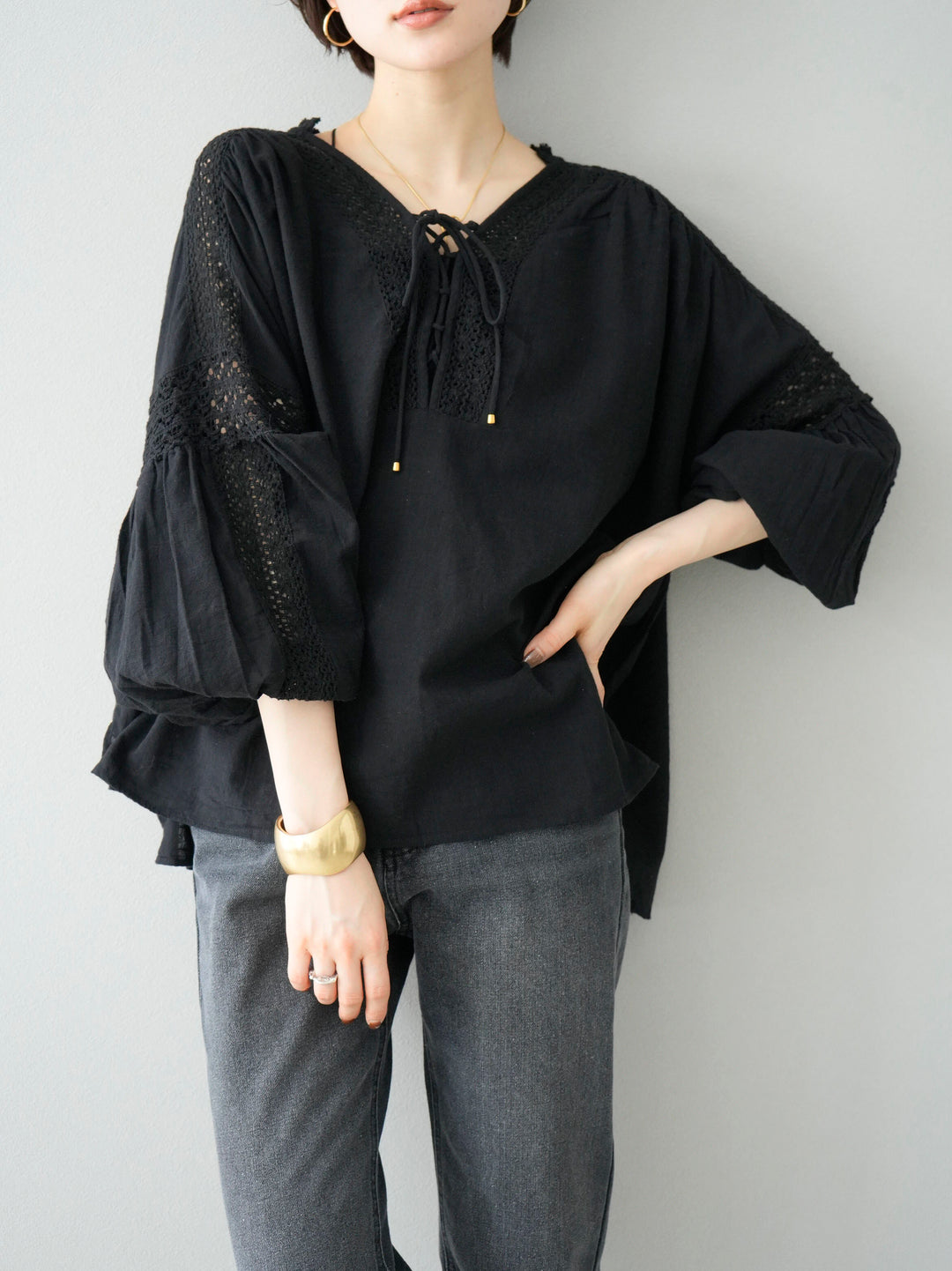 [SET] Cotton lace blouse + fringe denim (2set)