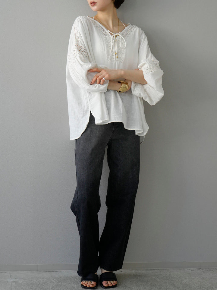 【SET】棉質蕾絲上衣+漸層直筒牛仔褲（2套）