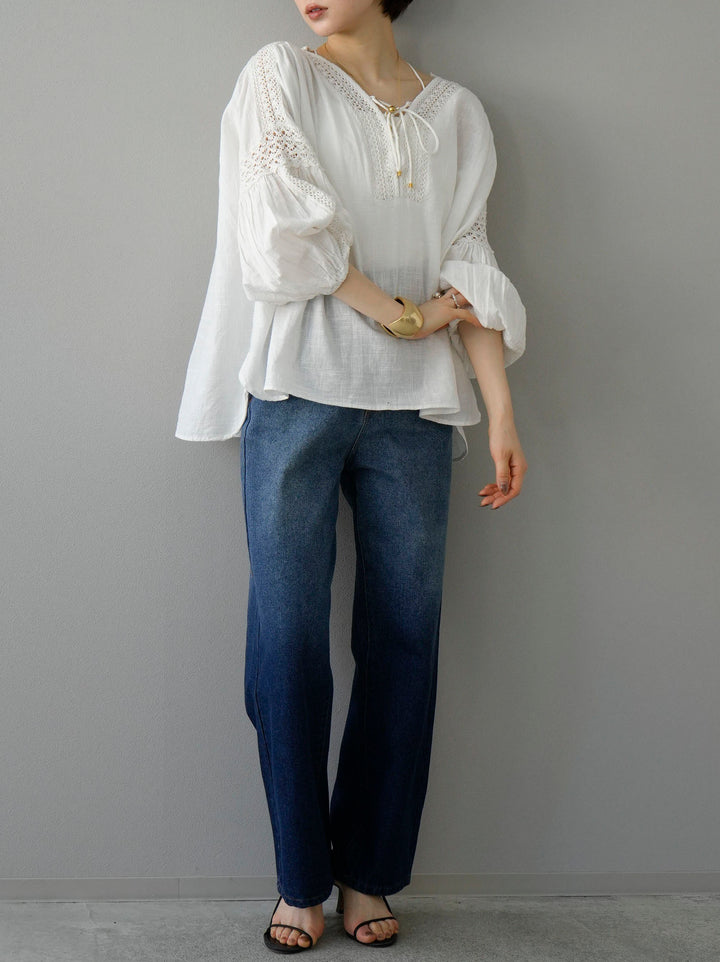 【SET】棉質蕾絲上衣+漸層直筒牛仔褲（2套）