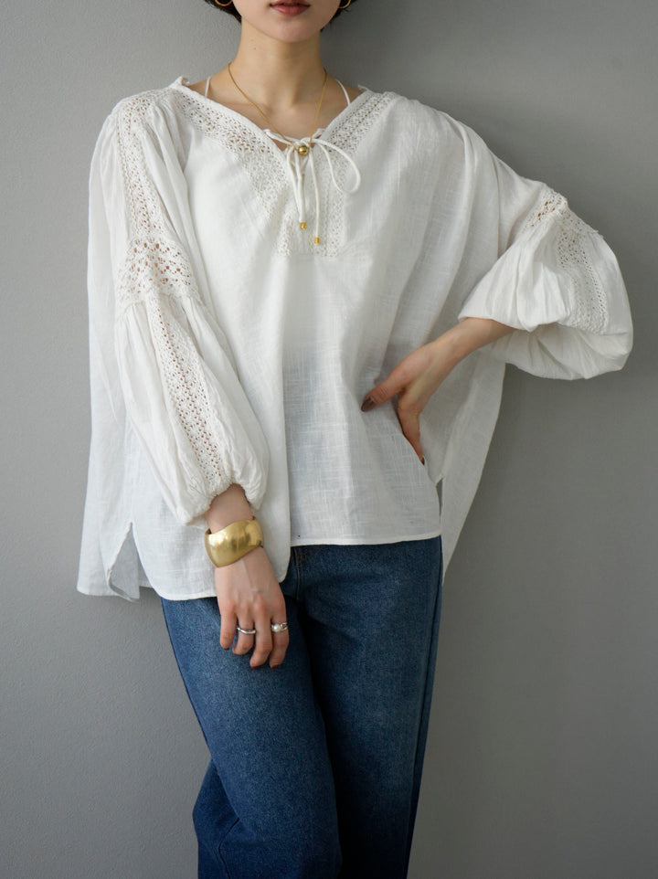 [SET] Cotton lace blouse + gradient straight denim (2set)