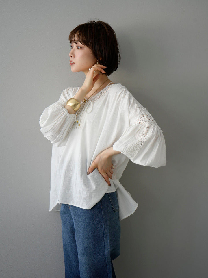 [SET] Cotton lace blouse + gradient straight denim (2set)