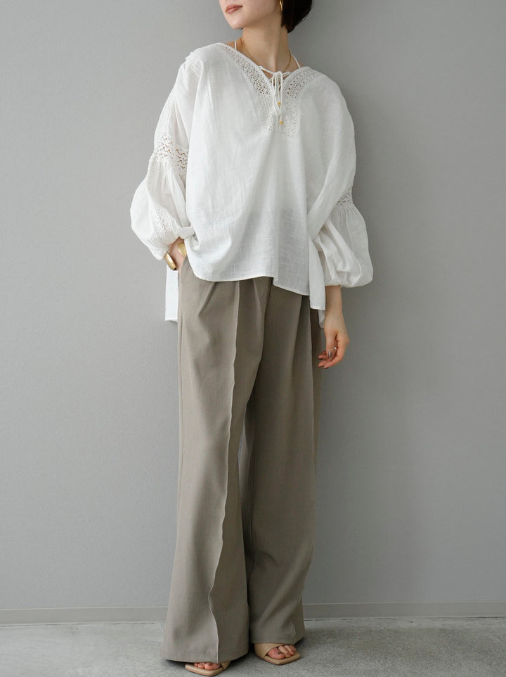 [SET] Cotton lace blouse + design tuck wide pants (2set)