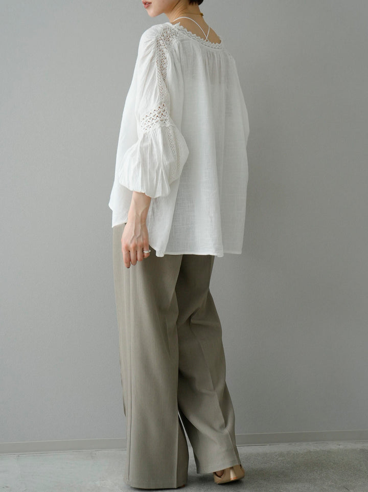 [SET] 棉質蕾絲上衣+設計褶邊寬褲（2套）
