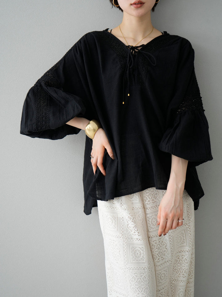 [SET] Cotton lace blouse + block lace wide pants (2set)