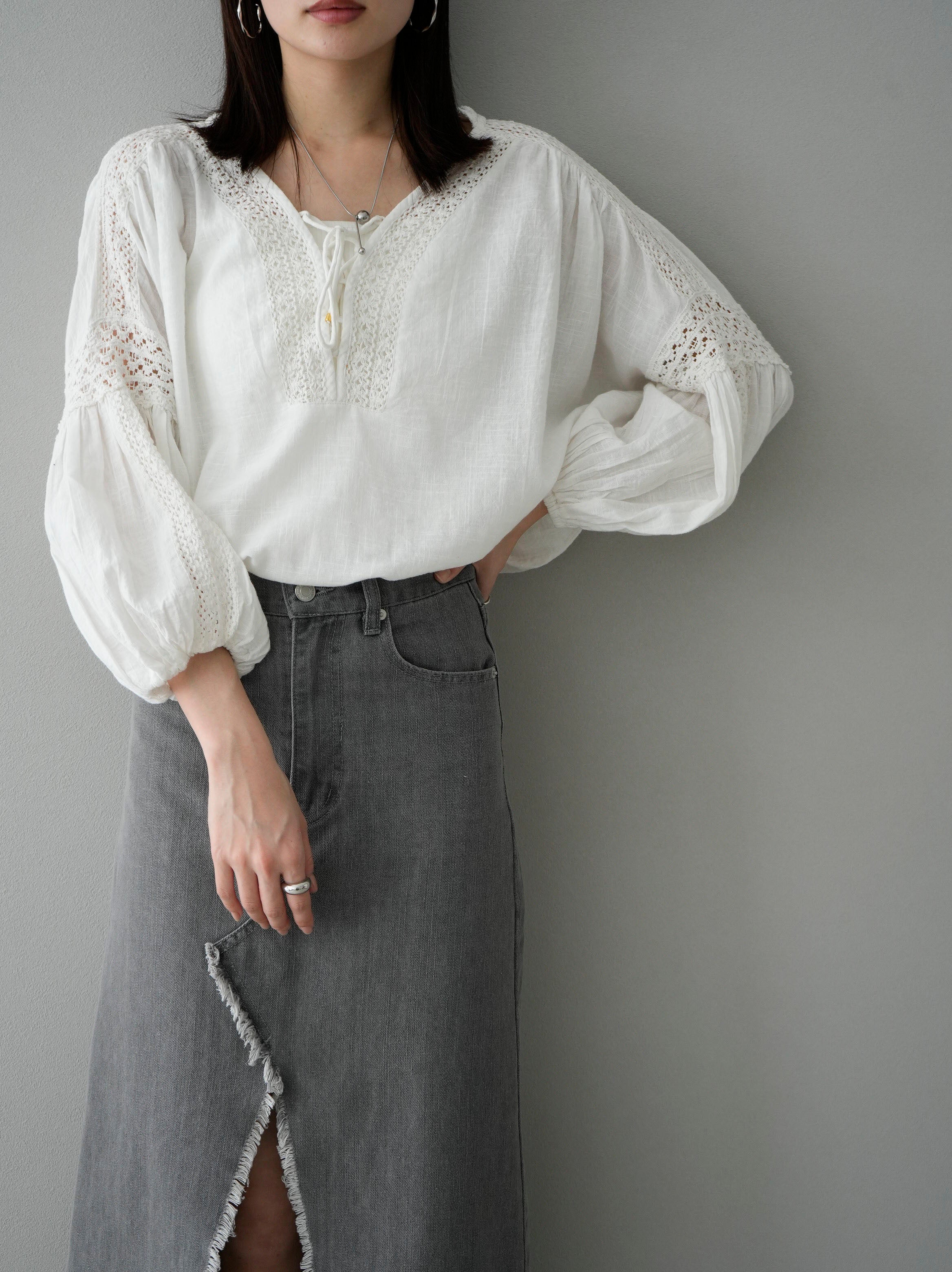 SET]コットンレースブラウス+フロントスリットデニムロングスカート