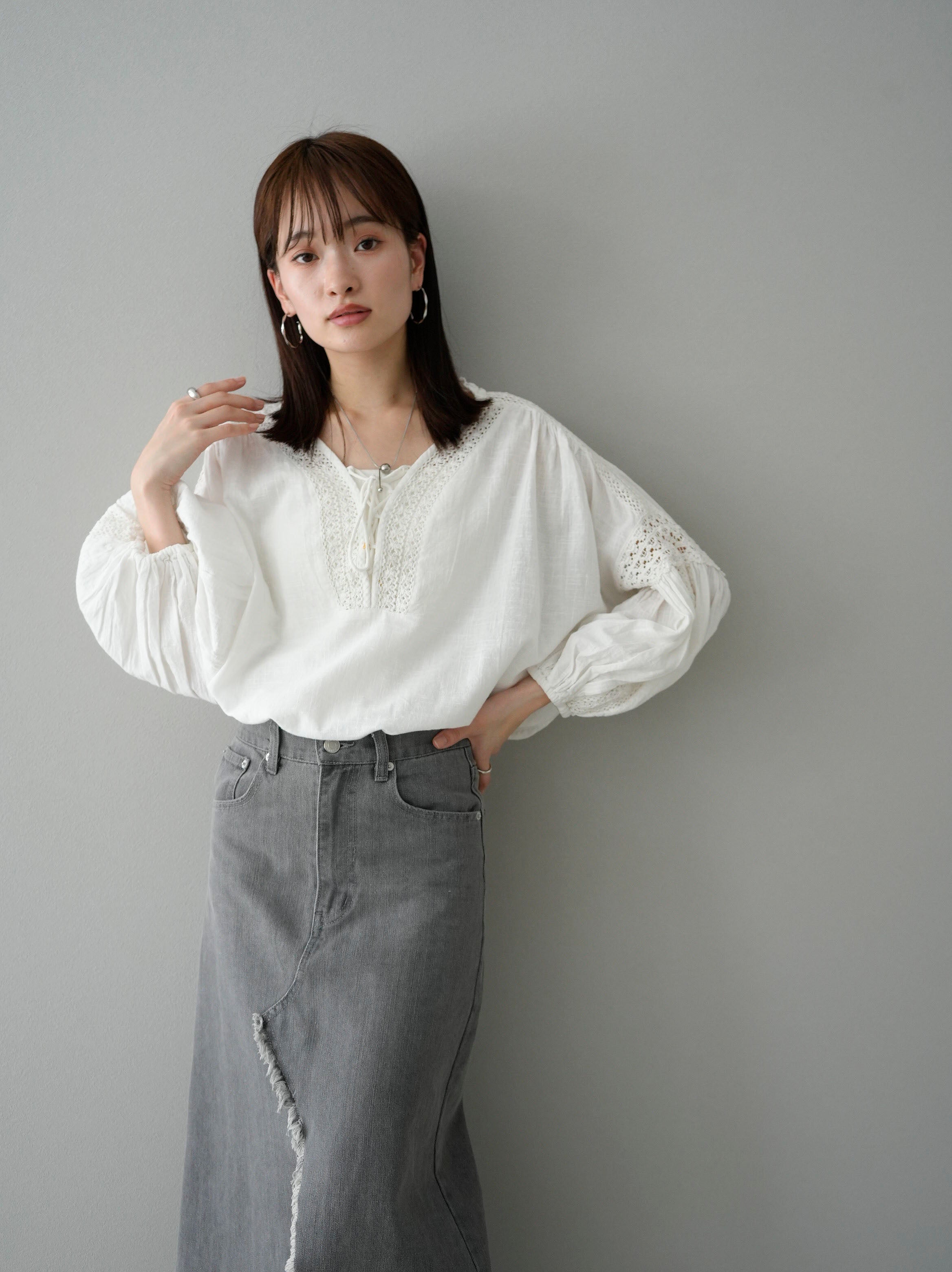 SET]コットンレースブラウス+フロントスリットデニムロングスカート