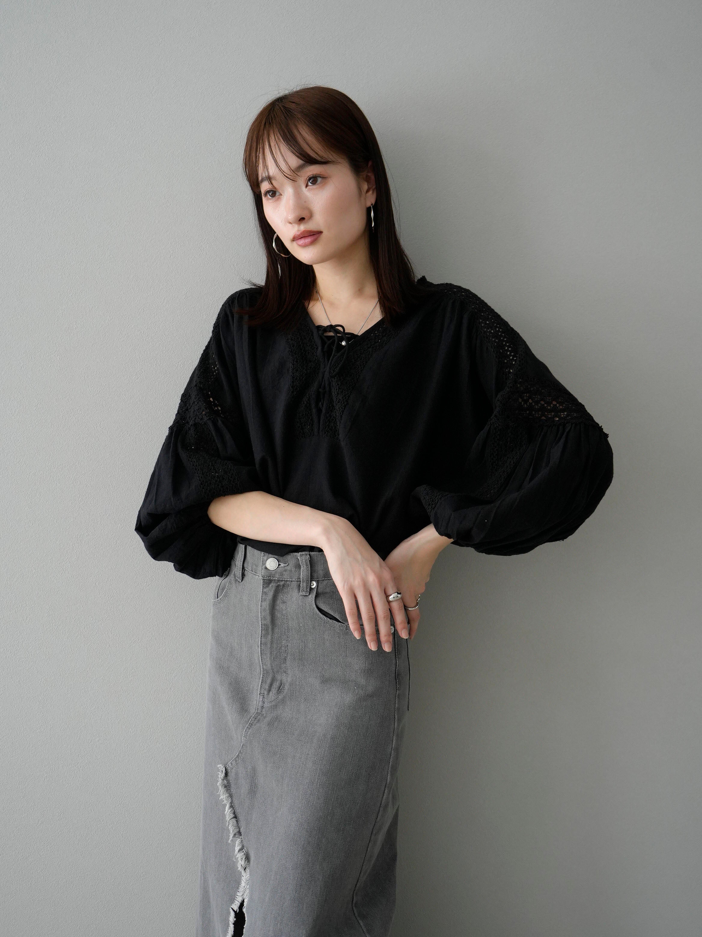 SET]コットンレースブラウス+フロントスリットデニムロングスカート