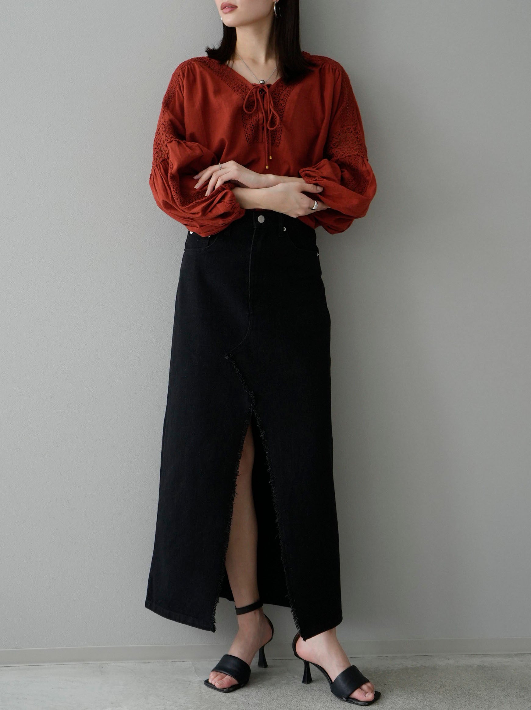 SET]コットンレースブラウス+フロントスリットデニムロングスカート