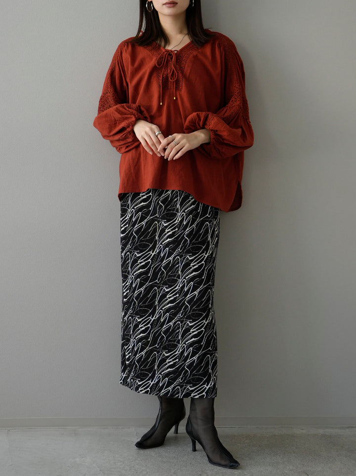 [SET] Cotton lace blouse + pen touch I-line pleated skirt (2set)