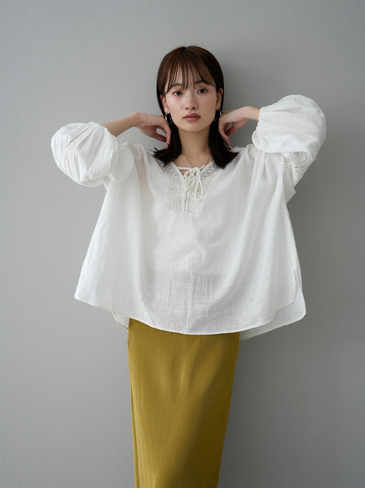 [SET] Cotton lace blouse + I-line pleated skirt (2set)